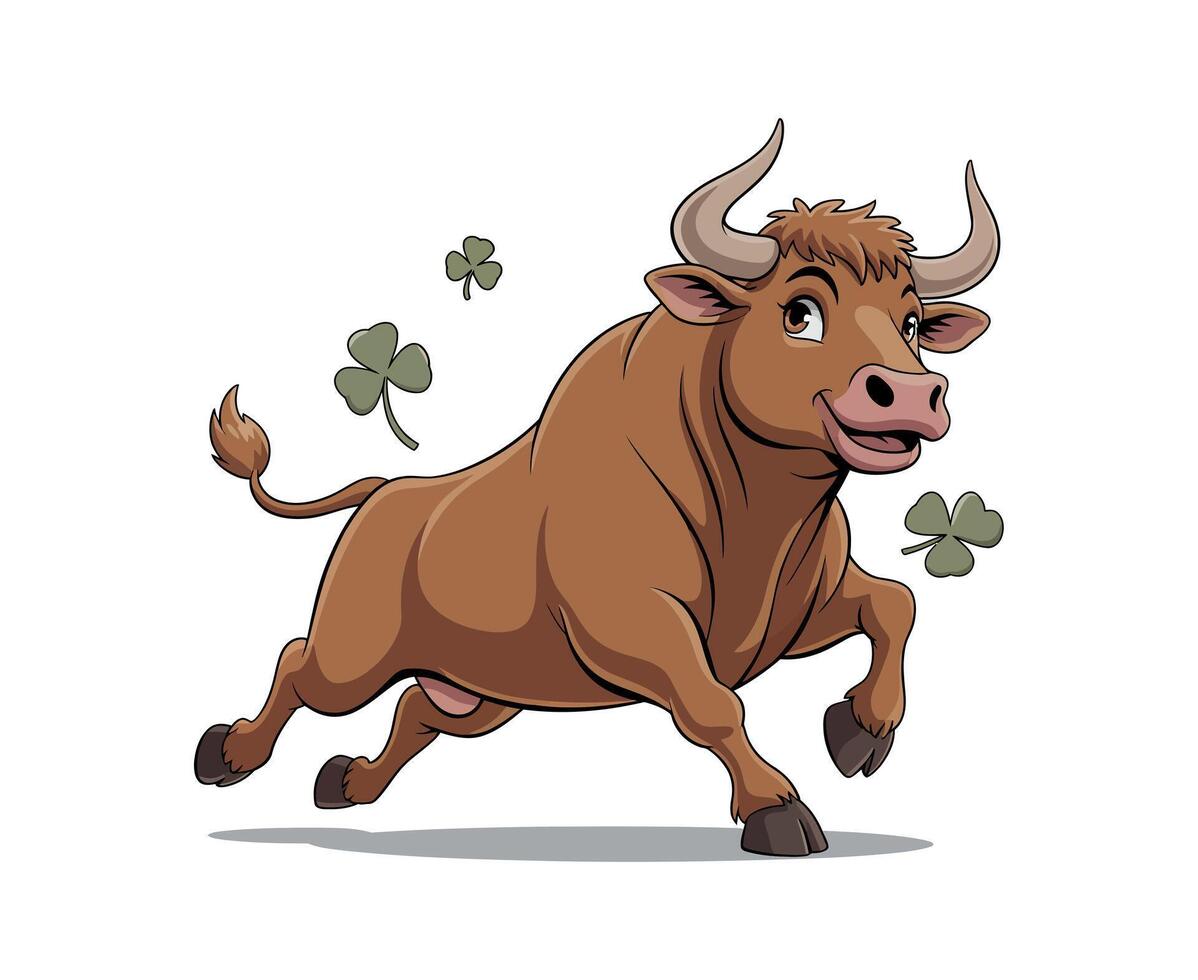 Cartoon Bull Running with Shamrocks A Festive and Energetic Illustration Animated brown bull dynamic running pose surrounded shamrocks bull cartoon animal illustration running vector