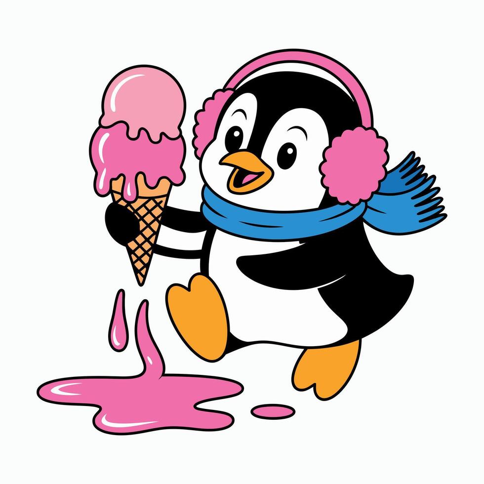 Cute Penguin with a Melting Ice Cream Cone in Cartoon Style cartoon penguin wearing earmuffs and scarf holds dripping ice cream cone penguin vector