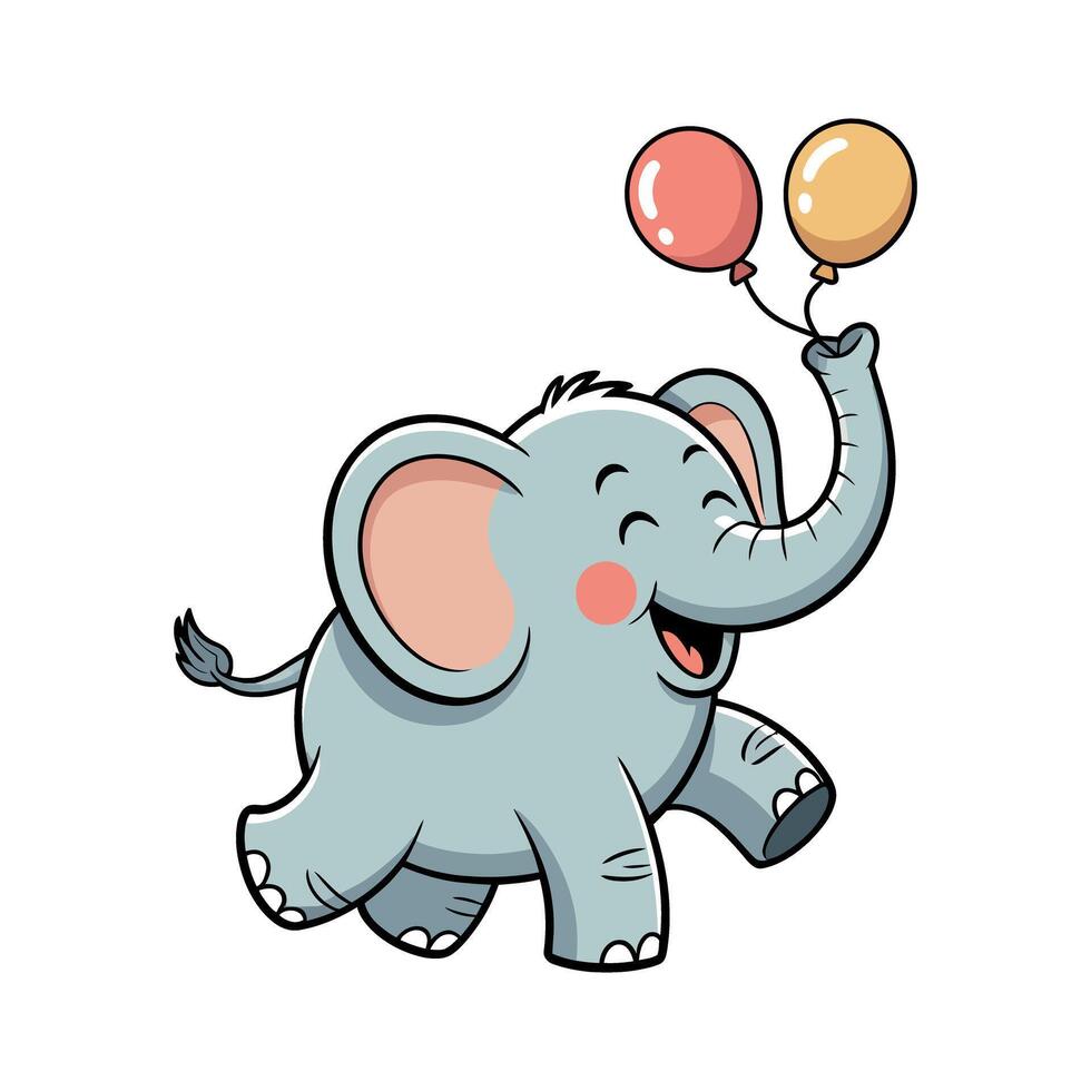 Happy cartoon elephant holding colorful balloons for a joyful celebration Cute character with cute animal happy illustration drawing graphic children kids party birthday vector