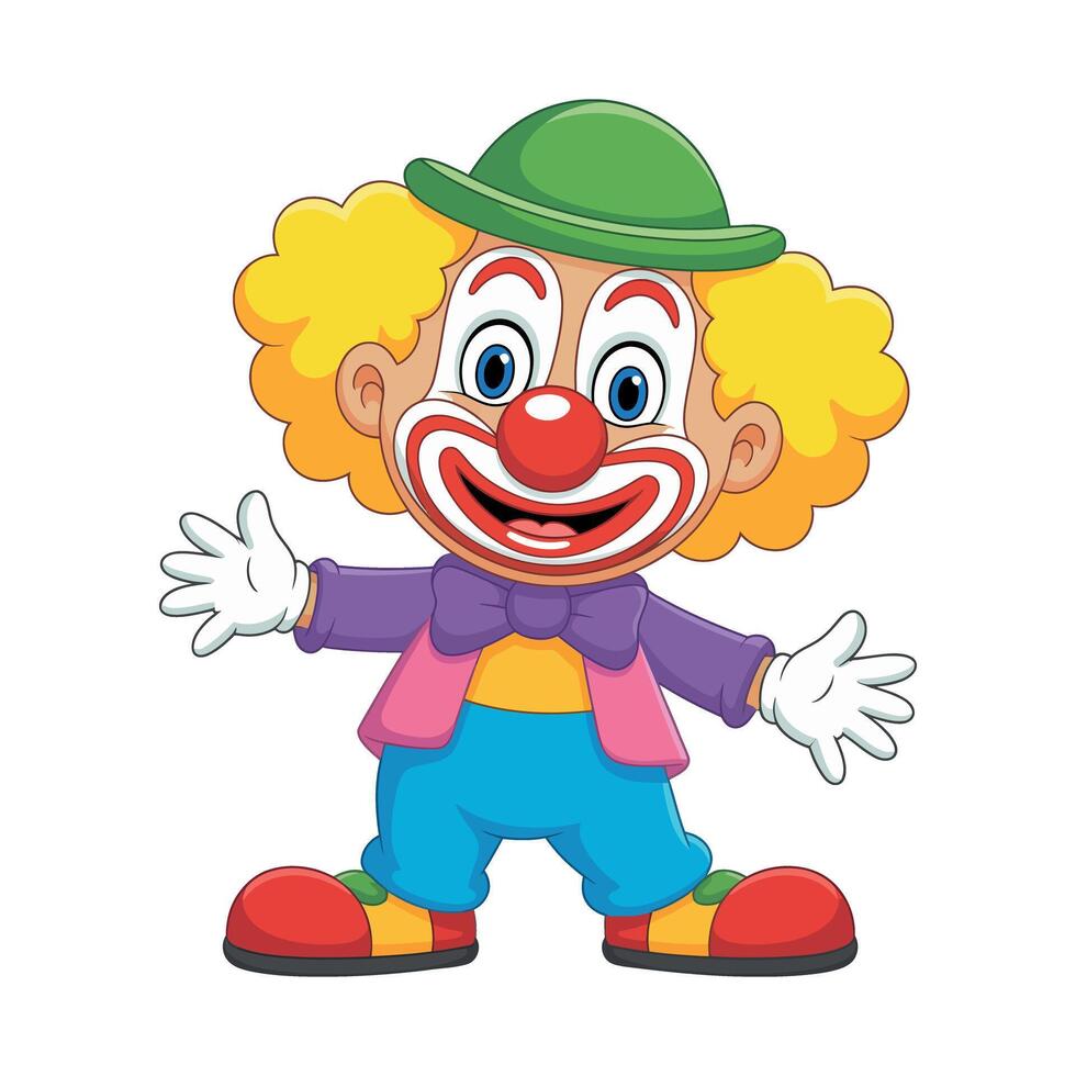 Cheerful Cartoon Clown Character with Bright Colors and Friendly Expression Smiling clown colorful costume welcoming gesture clown cartoon character circus happy smile funny vector
