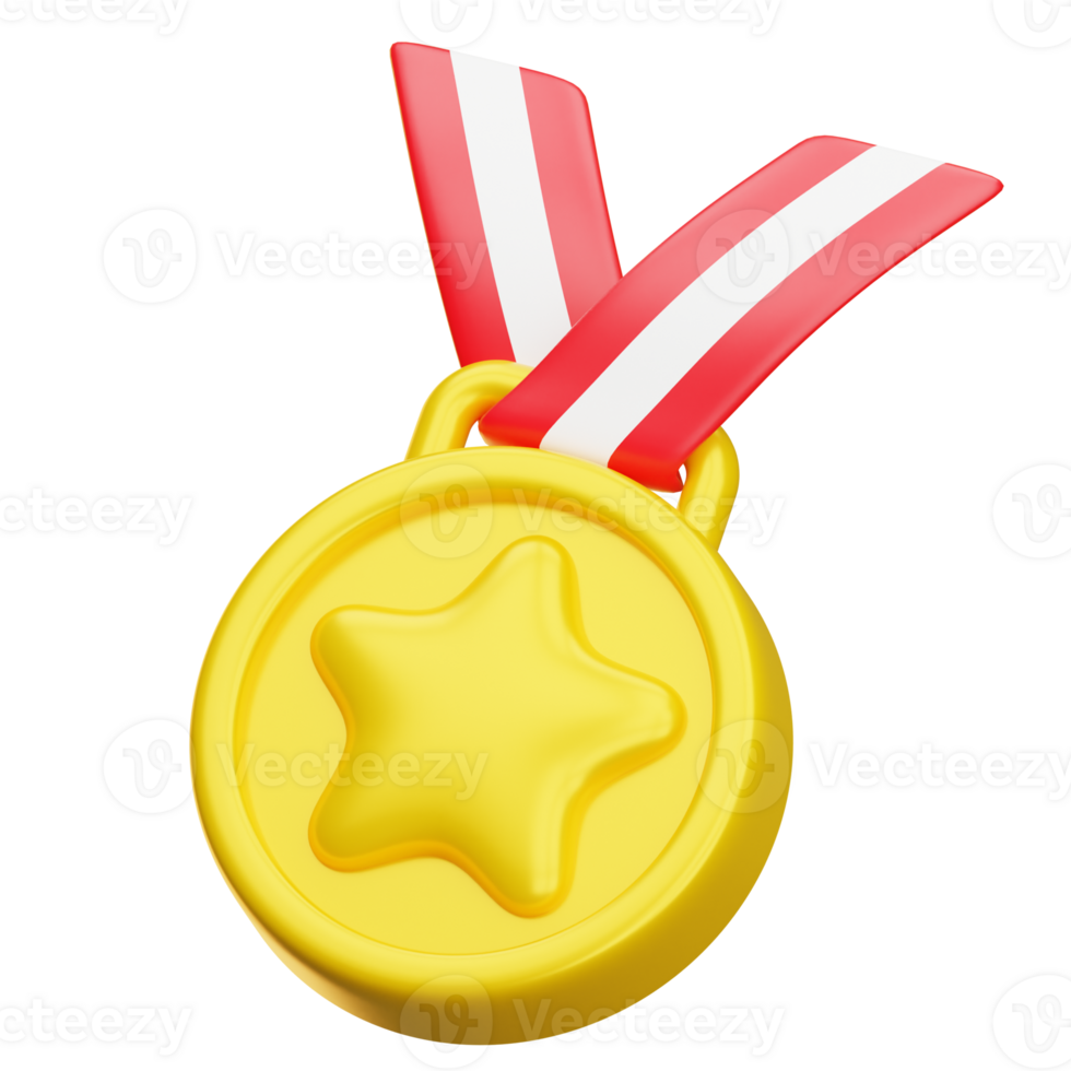 Gold medal with red and white ribbon showing achievement and success png