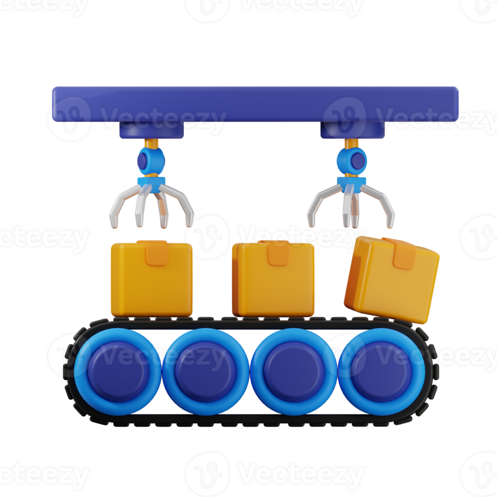 Robotic arms moving boxes on conveyor belt in transparent background png