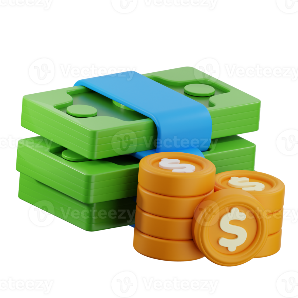 Stack of green cash and gold coins with dollar sign on transparent background png