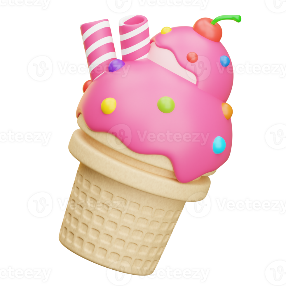 3d ice cream cone melting with sprinkles and cherry png