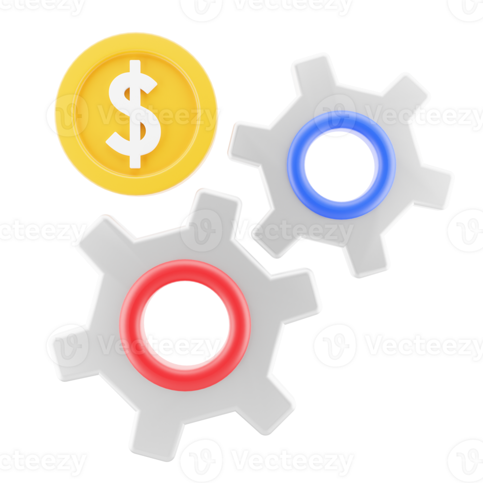 Productivity illustration isolated. gear and coin 3d render icon. png