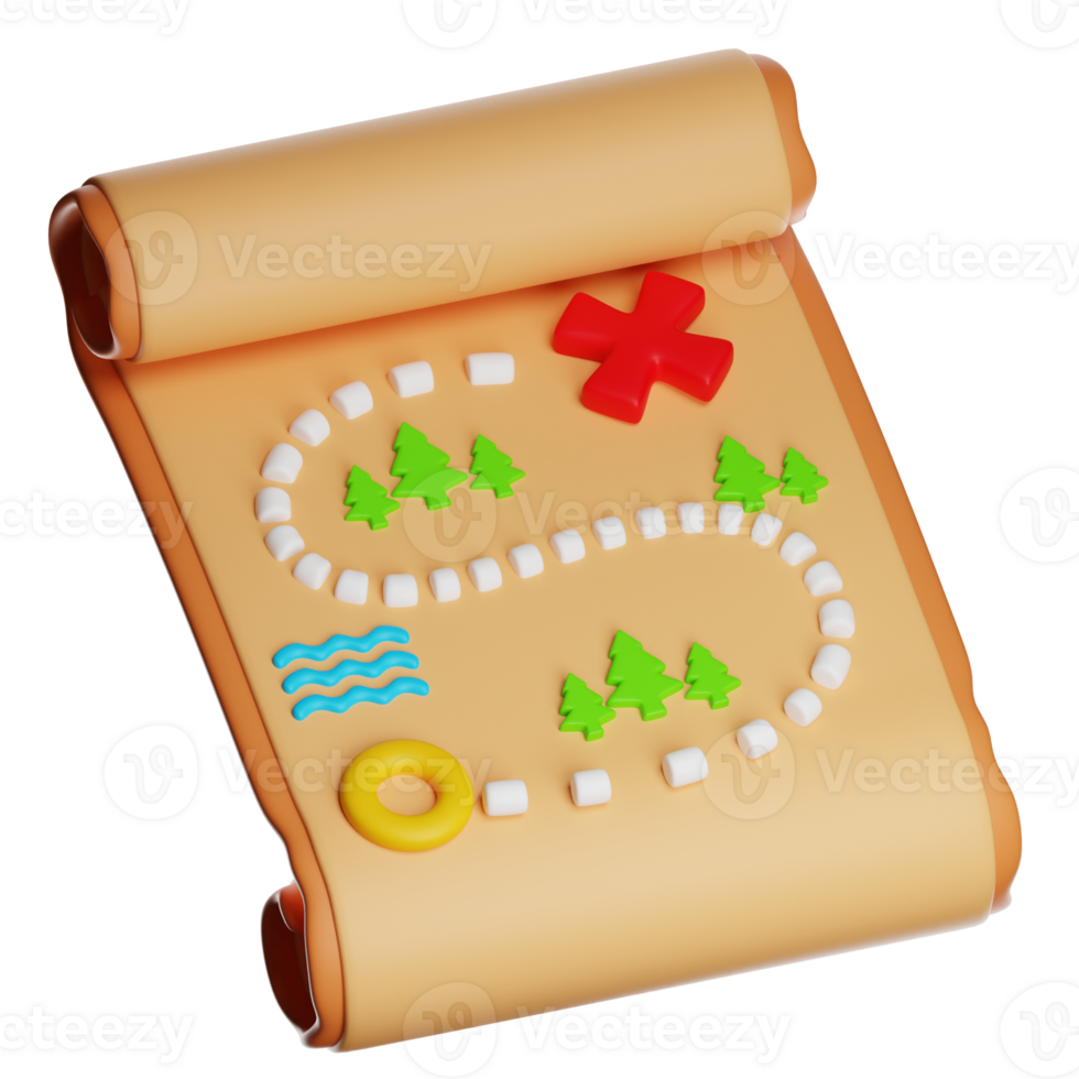 3d treasure map showing path through forest and water to destination png