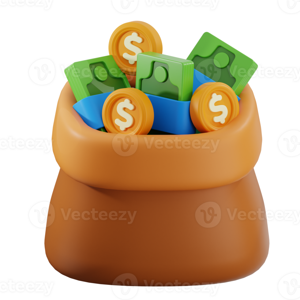 Money bag overflowing with us dollar bills and coins on transparent background png