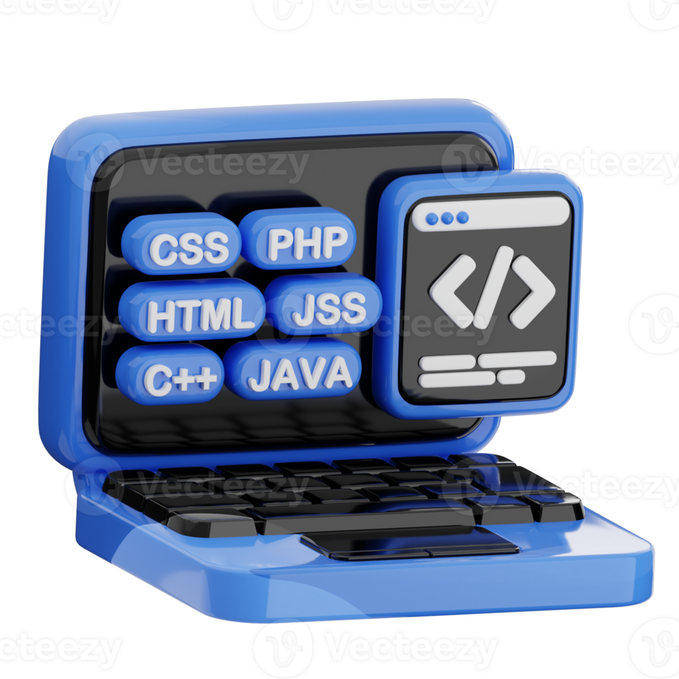 3D laptop with coding languages png