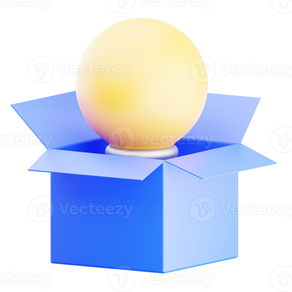 Think out of the box, creativity illustration concept. bulb and box 3d render icon. idea and innovation. png