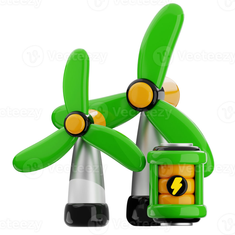 Green energy 3d illustration. renewable power resource, battery and wind turbine icon. png