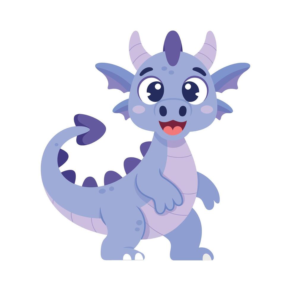 Cute light purple cartoon dragon with big eyes and a happy expression Smiling large eyes cute childish kids adorable fantasy illustration character animal vector
