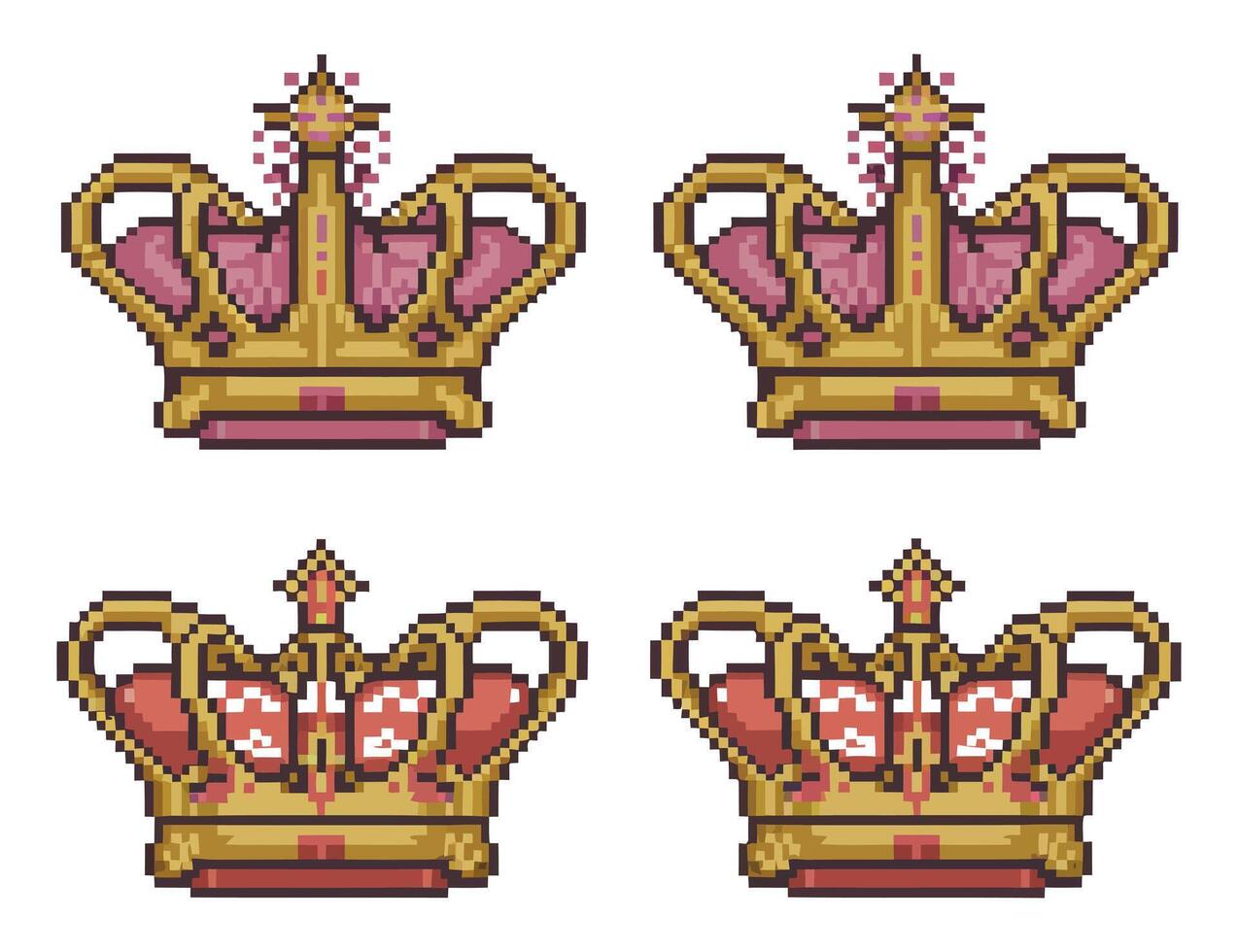 Four pixel art crowns in gold and pink vector
