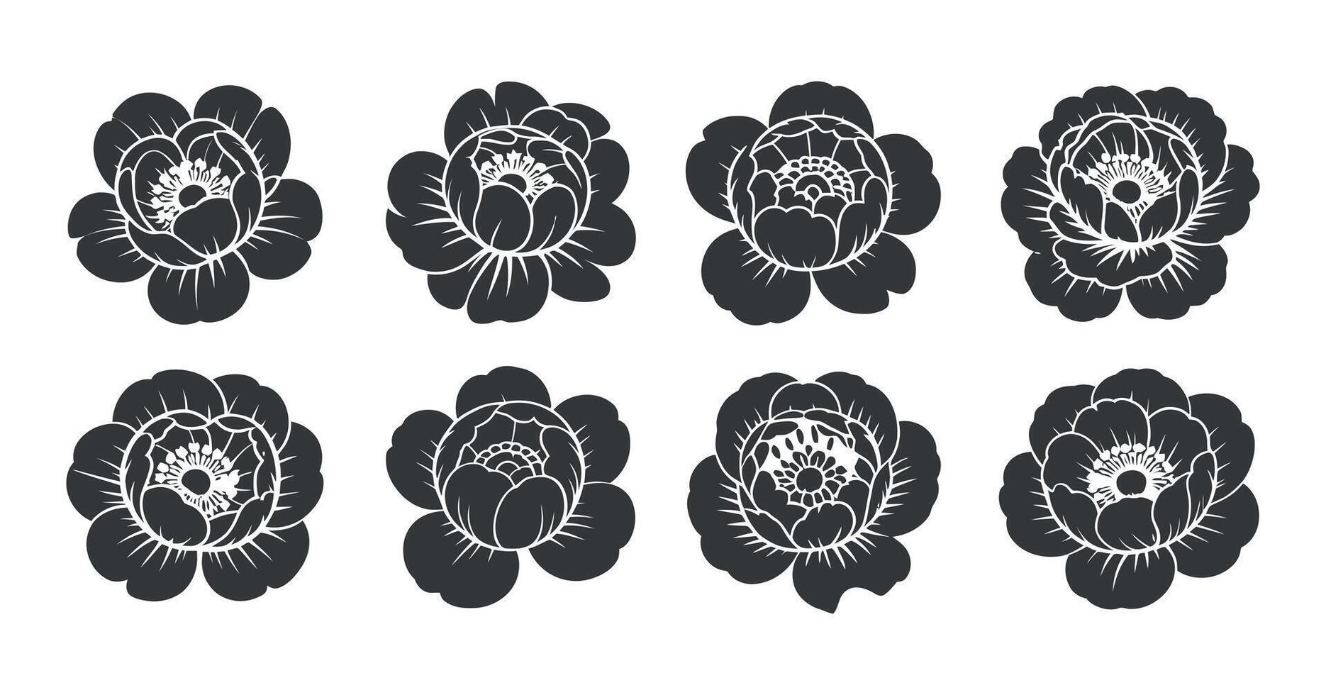 Collection of stylized black and white floral designs of various flowers Nine symmetrical silhouettes background flower silhouette graphic design illustration pattern art vector