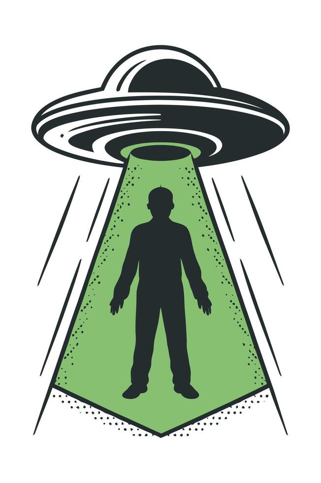 Silhouette of a Person Being Taken by an Extraterrestrial Flying Object person being beamed flying saucer Green light beam and silhouette style ufo vector