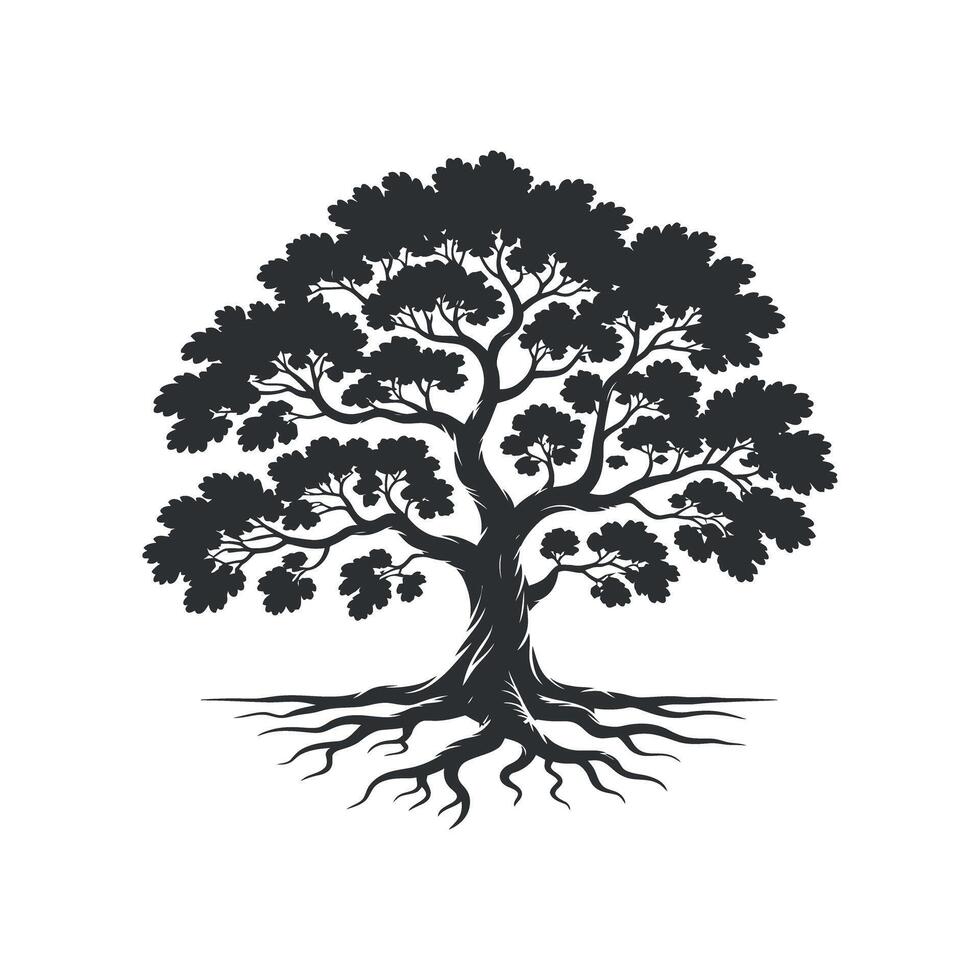 Silhouette of a large mature tree with extensive roots Black silhouette full canopy and robust root system silhouette nature forest wood plant canopy vector
