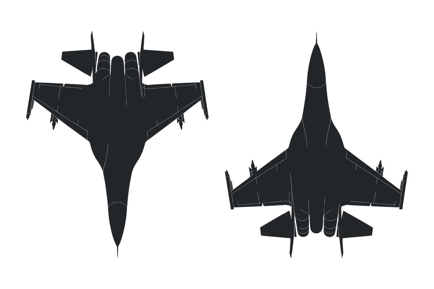 Top Down View of Two Black Silhouette Fighter Jets jet fighter planes black silhouette against white background fighter jet military aircraft jet plane vector