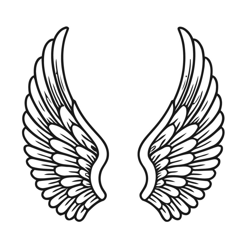Pair of Detailed Black and White Angel Wings Design Ornate symmetrical wings with intricate feather details wings angel wings bird wings feather design vector