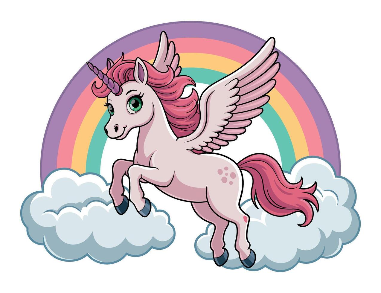 Adorable winged unicorn soaring through a colorful rainbow and fluffy clouds Cute cartoon with wings flying above clouds cartoon cute flying fantasy illustration vector