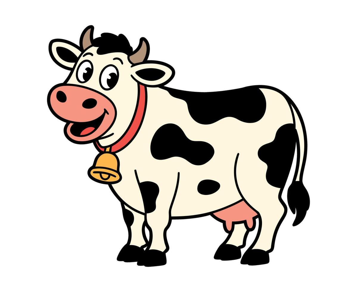 Cartoon Illustration of a Happy Cow with Black and White Spots and a Bell Cute cartoon cow happy expression cow cartoon illustration animal vector