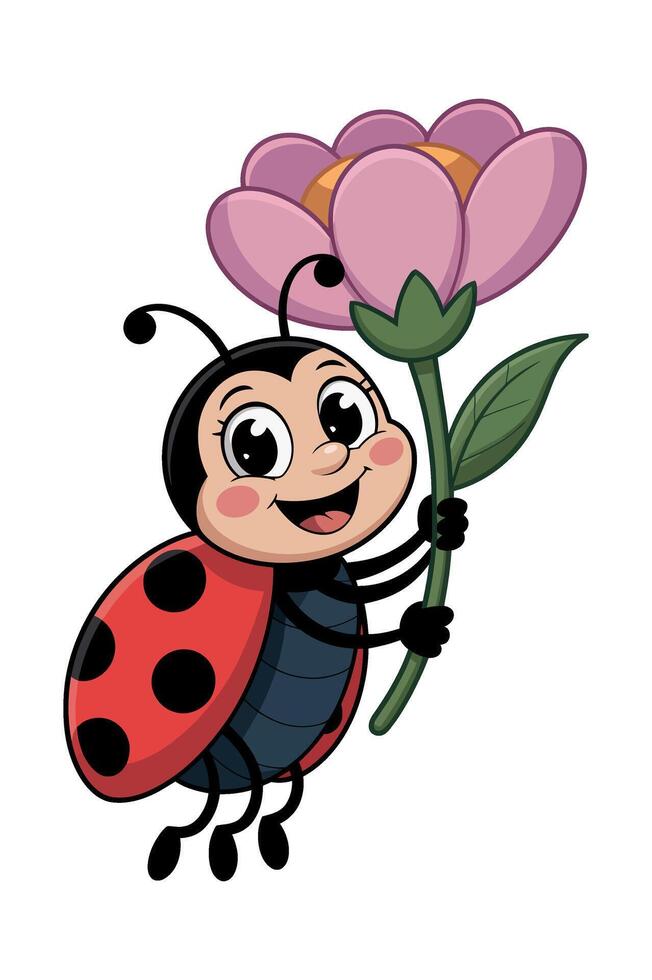 Cute ladybug holding a beautiful purple flower a cartoon illustration for children s books or educational materials Ladybug with flower cheerful expression style vector