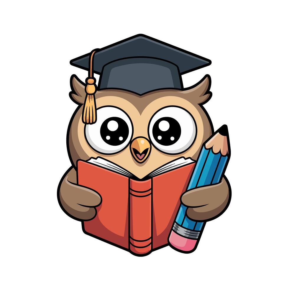 Cute Owl Graduate Reading a Book with a Pencil and Graduation Cap Cartoon owl wearing graduation cap holding book pencil owl graduate graduation vector