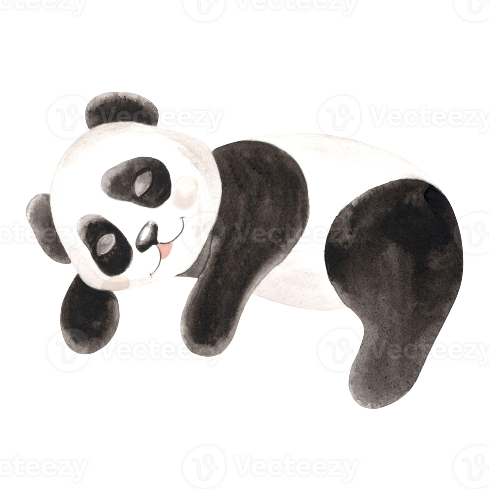 Cute baby panda sleeping watercolor illustration for baby design. Hand drawn isolated funny little chinese bear in black and white color. Smiling adorable character in sketch style for childrens theme png