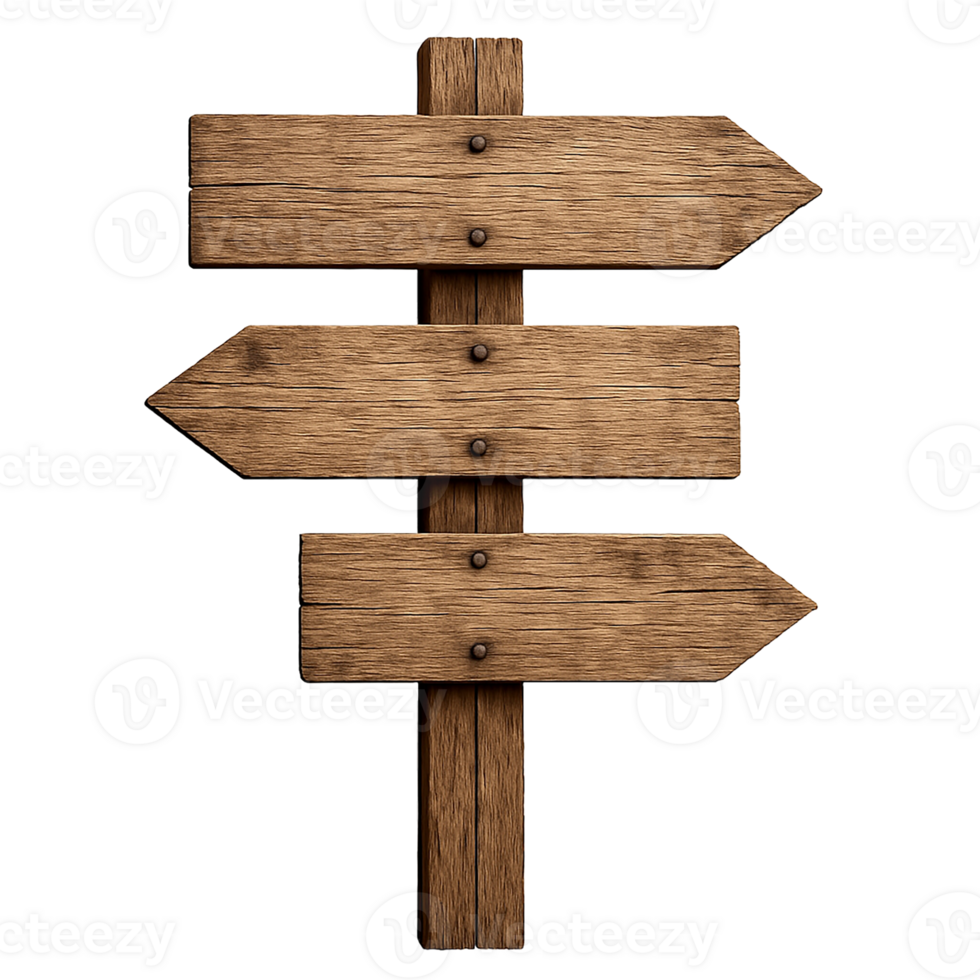 Three directional wooden arrow signs on transparent background pointing right, left png