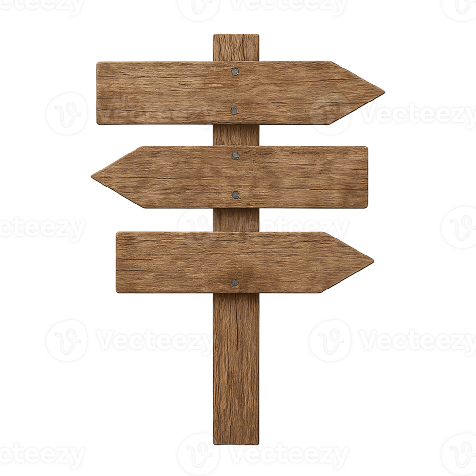 Three directional arrow shaped wooden signposts on transparent background png