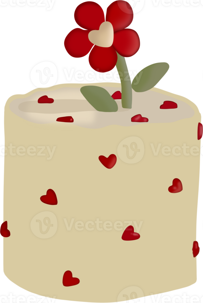 a charming cylindrical cake, light yellow in color, adorned with numerous scattered red heart shapes. png
