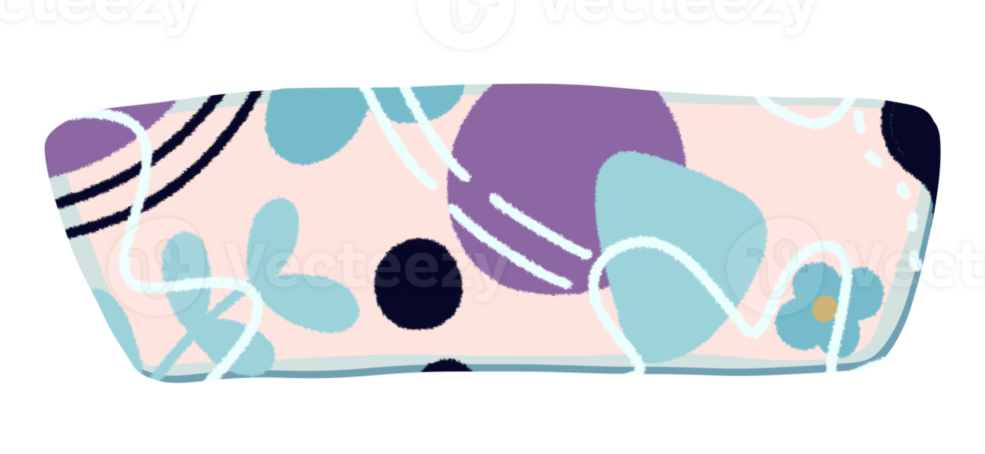 The design incorporates various organic shapes, including soft purple and blue blobs, along with delicate white and black swirling lines. png