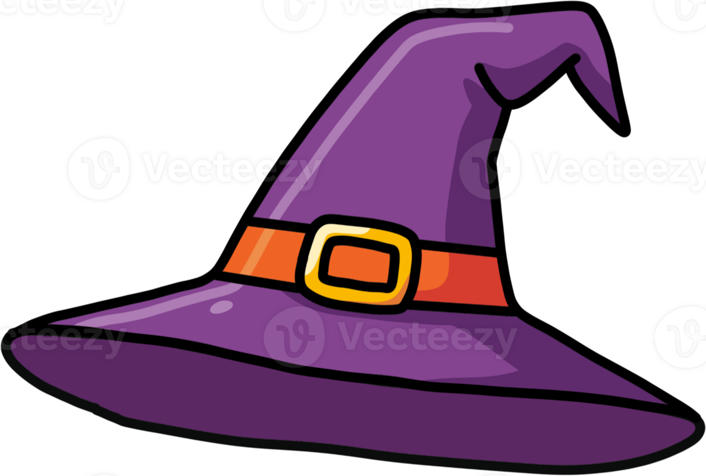 a vibrant purple witch's hat, characterized by its classic pointed top and wide, curving brim. png