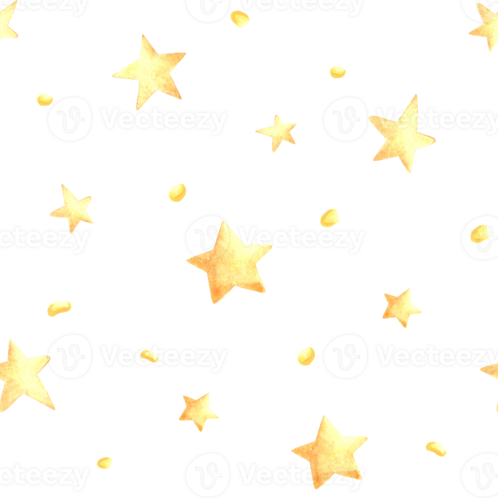 Little gold stars seamless watercolor pattern for baby desings. Hand drawn illustration from yellow funny smiling character in star shape. Playfull celestial background in kids fairy dreams style png