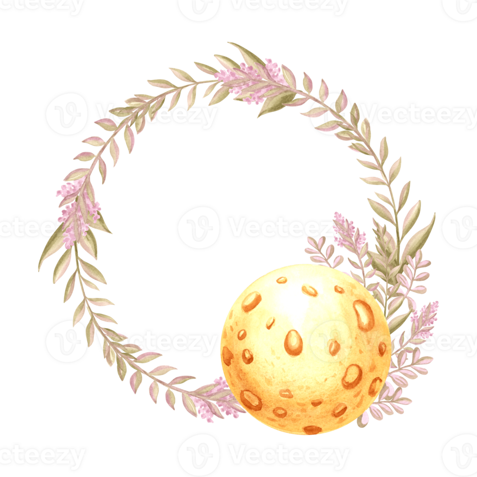 Moon with wild flowers twigs watercolor illustration. Spring round frame with full moon phase. Template postcard with copy space. Blossom plant wreath of spring. Botanical floral celestial background. png