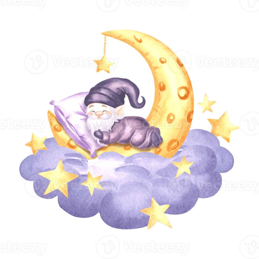 Cute little gnome sleeping on crescent moon in cloud with stars watercolor illustration. Hand drawn isolated night elf lying on pillow for design of baby fairy dreams. Magic dwarf for kids products. png
