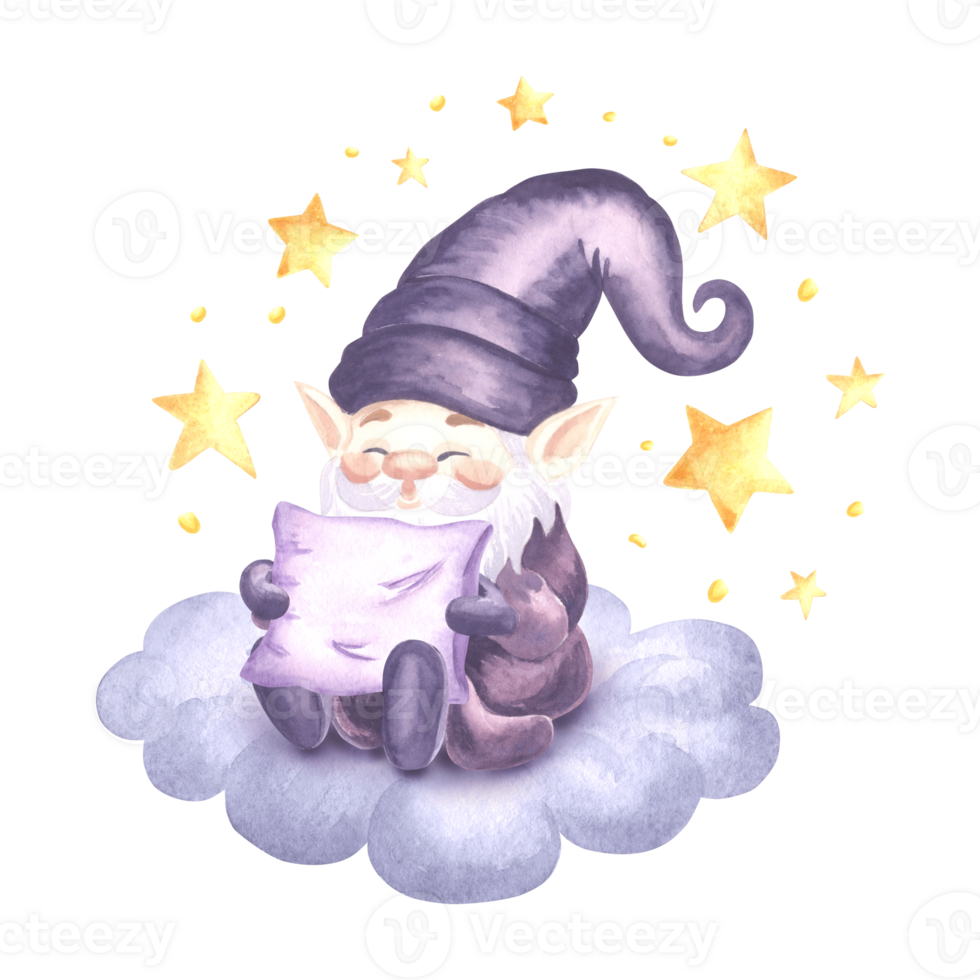 Cute gnome with pillow sitting on fluffy cloud surrounded by stars, watercolor illustration. Hand drawn isolated elf from fairy dreams for baby design. Magic funny dwarf character for childrens theme. png