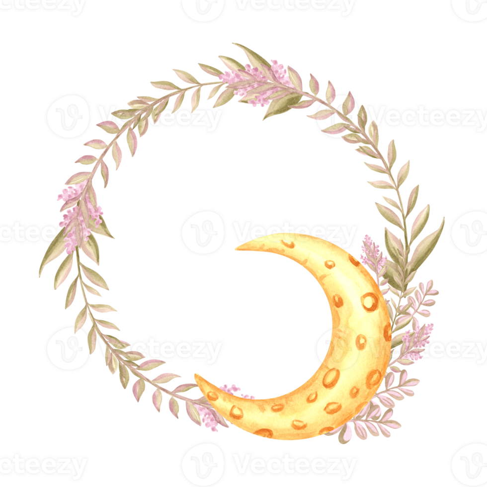 Crescent with wild flowers twigs watercolor illustration. Spring round frame with moon phase. Template postcard with copy space. Blossom plant wreath of spring. Botanical floral celestial background. png