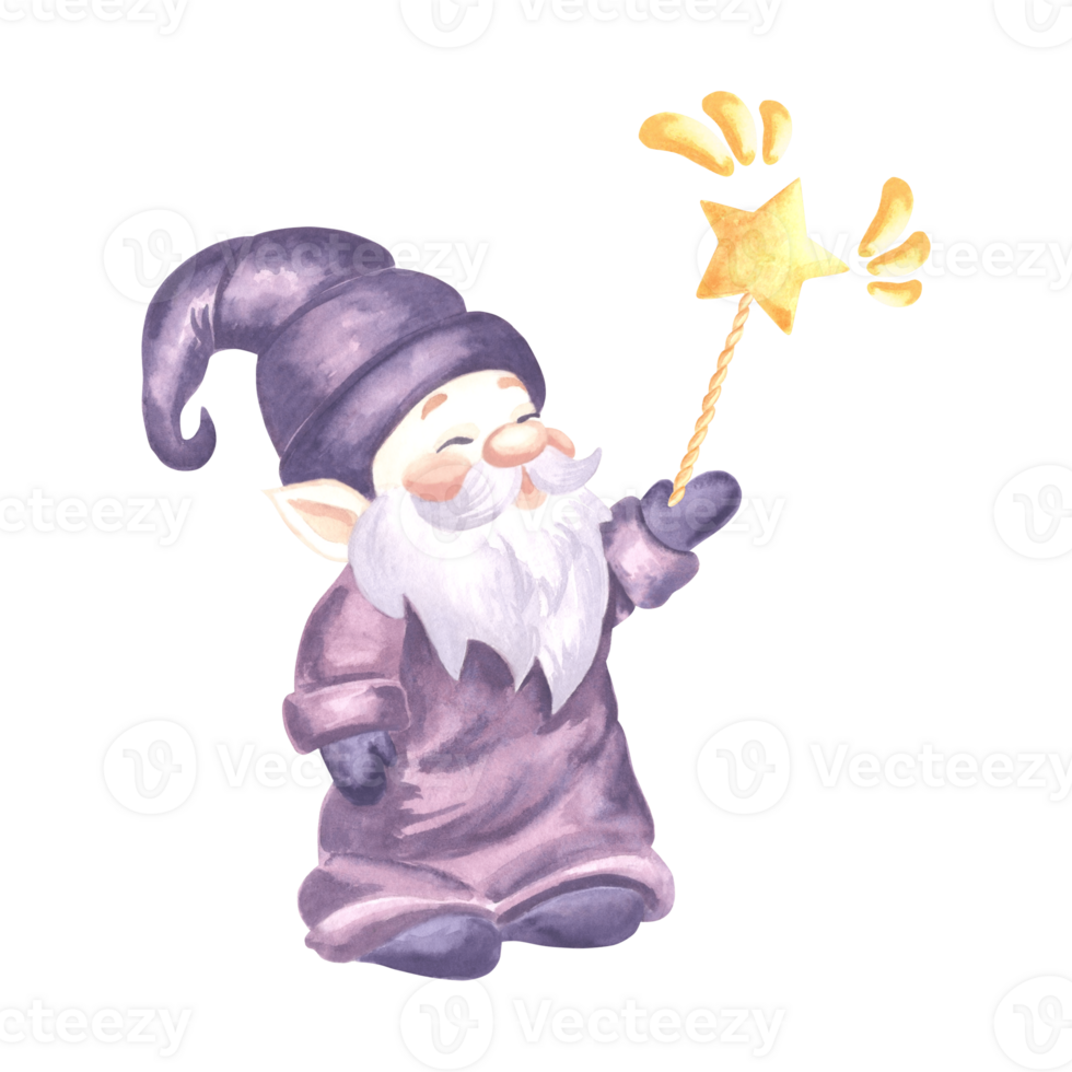 Gnome wizard standing and holding magic wand with star, watercolor illustration. Hand drawn isolated smilling elf from fairy dreams for baby design. Magic funny dwarf character for childrens theme. png