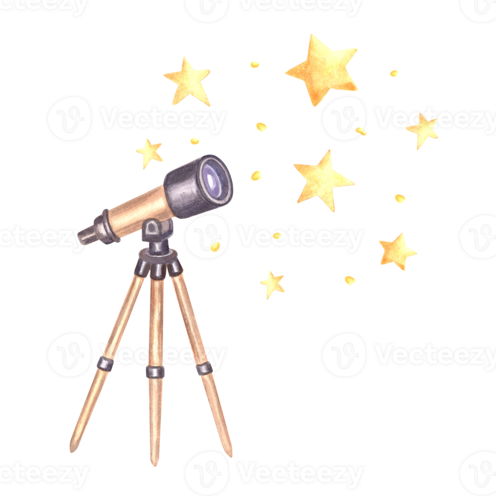 Telescope and yellow bright stars in sky watercolor illustration for kids design. Hand drawn isolated study equipment of outer space. Education, school concept. Clipart for scientific childrens theme. png