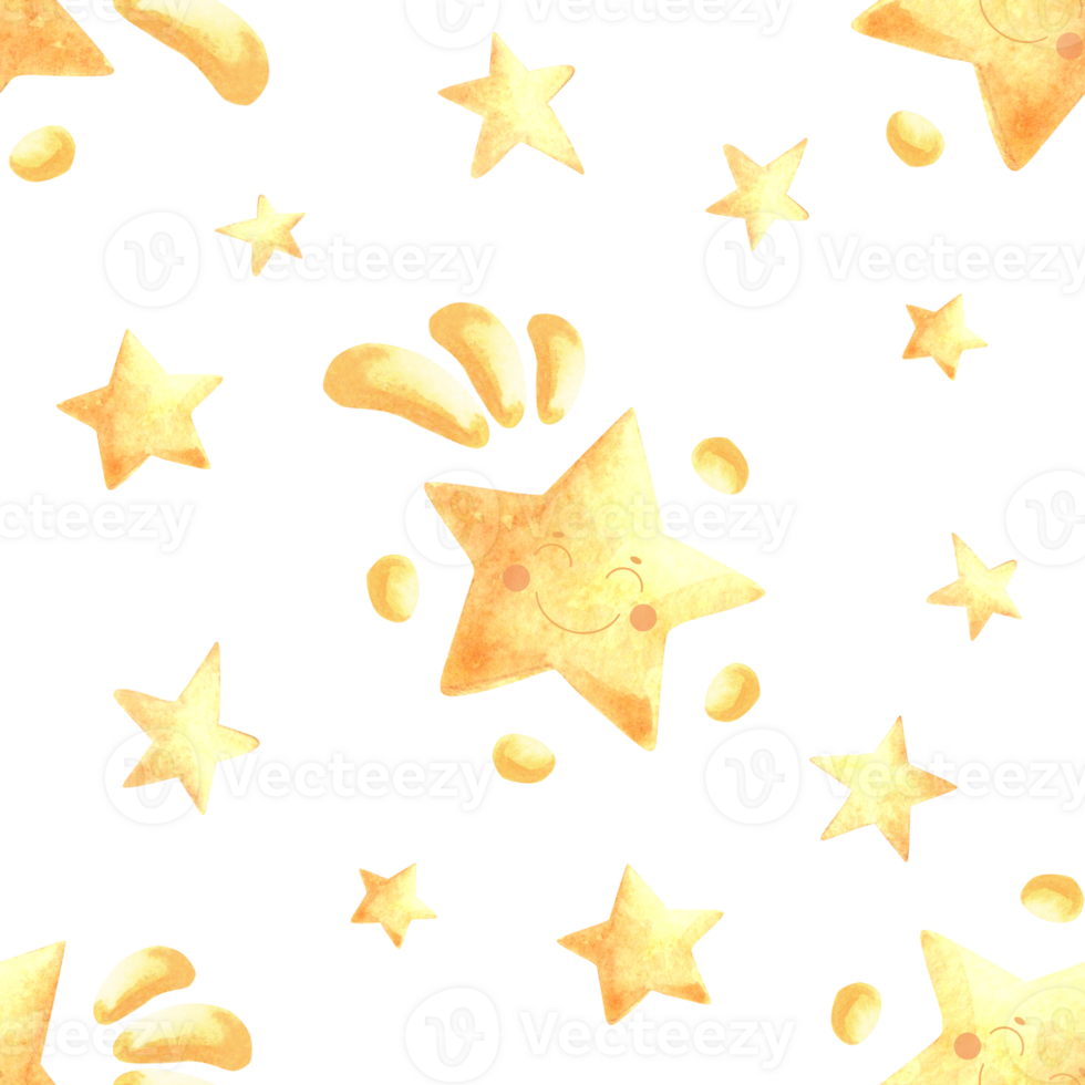 Cute little gold stars seamless watercolor pattern for baby desings. Hand drawn illustration from yellow funny smiling character in star shape. Playfull celestial background in kids fairy dreams style png