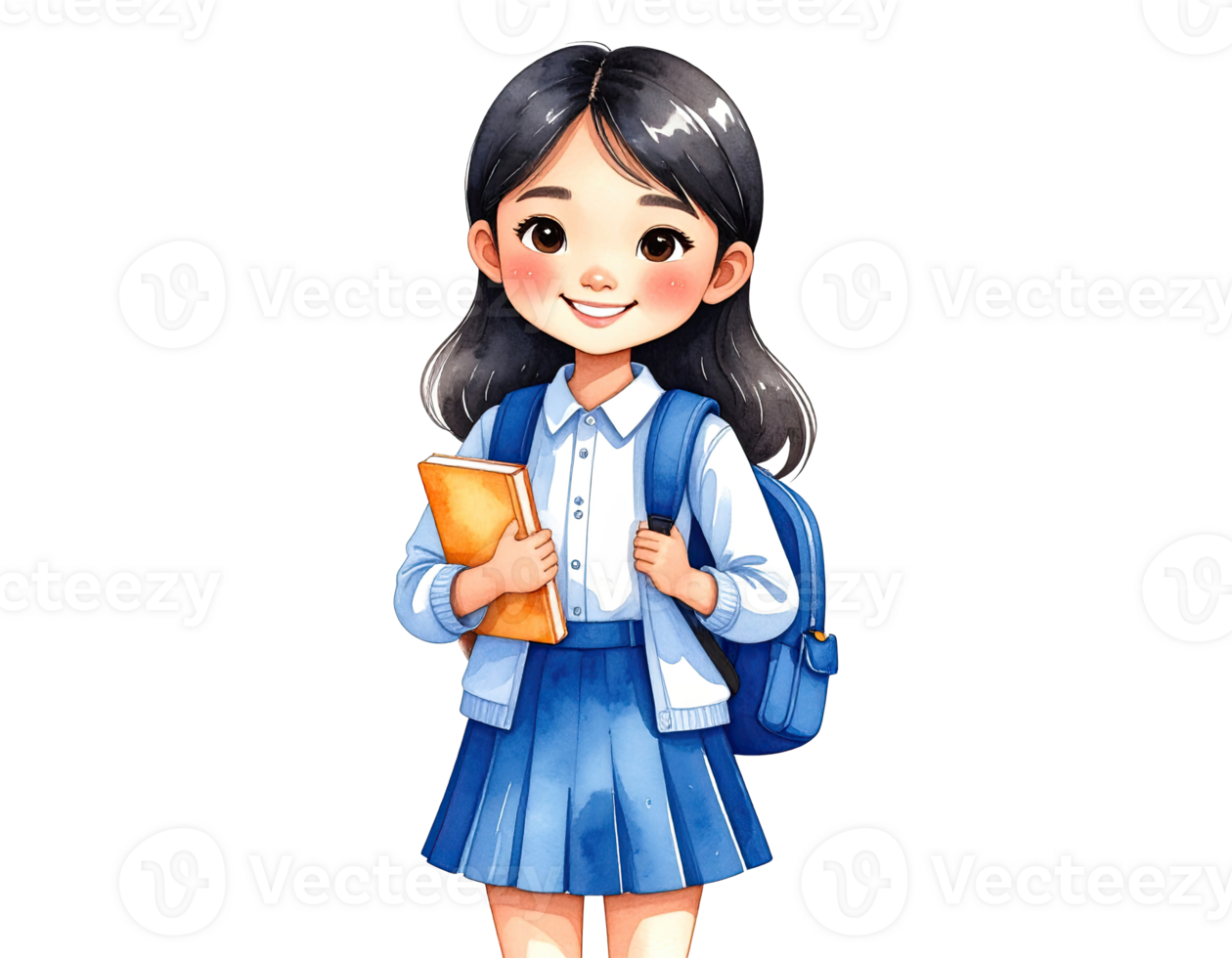 Watercolor illustration of a cartoon girl student with a backpack. png