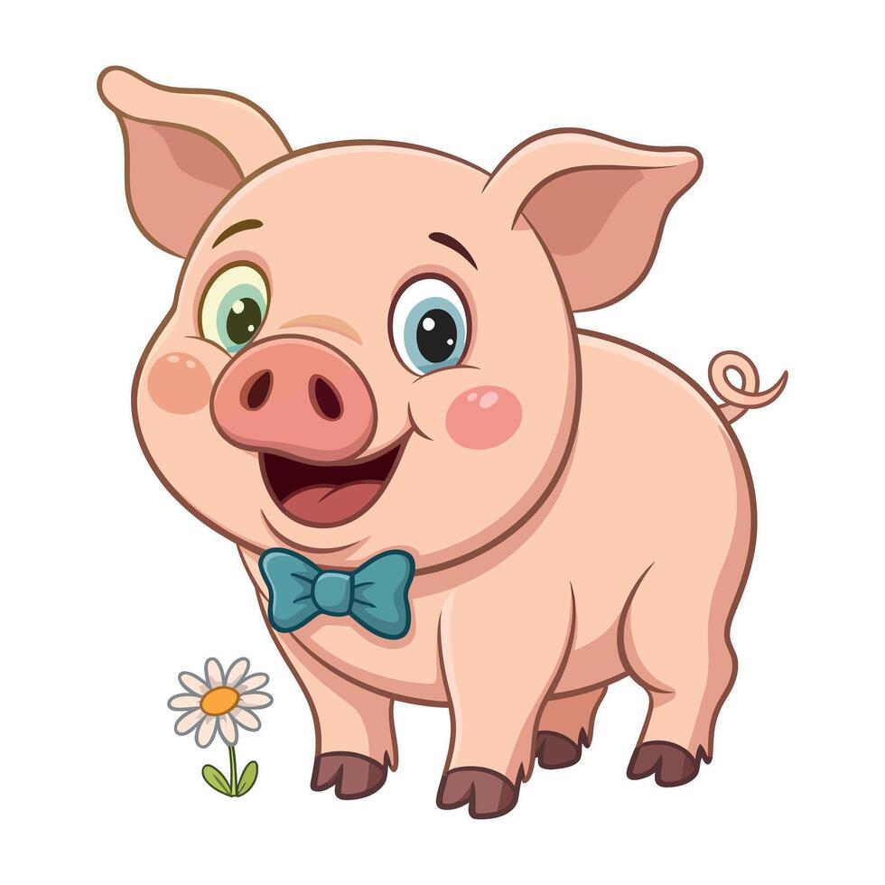 Cute Cartoon Pig with Bow Tie and Flower Happy cartoon pig wearing bow tie standing next flower pig cartoon cute animal illustration bow vector