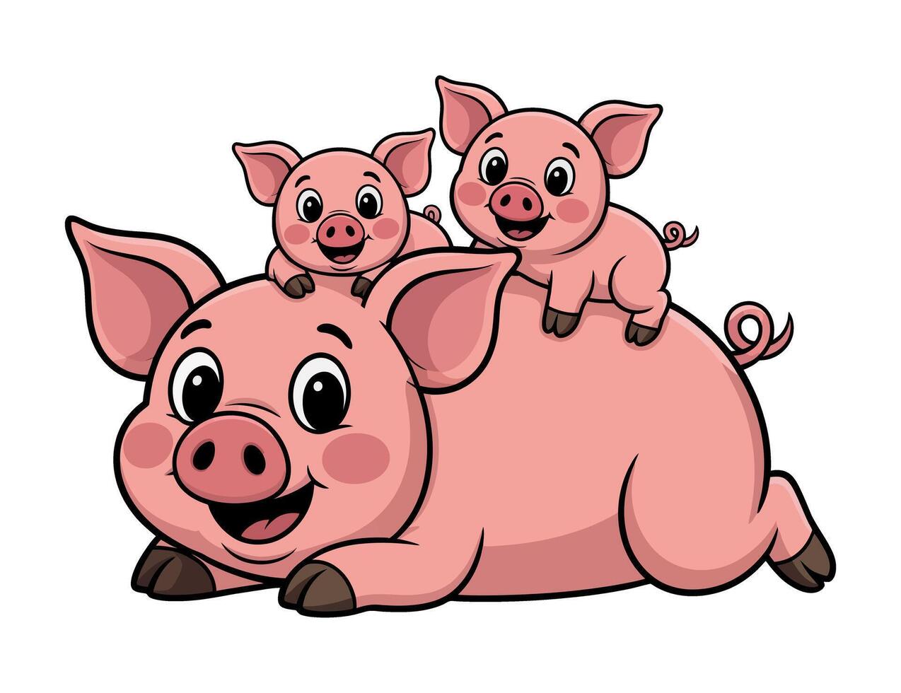 Cartoon Illustration of a Mother Pig with Two Piglets Cute cartoon pigs mother pig two piglets her back pig piglets mother pig cartoon vector