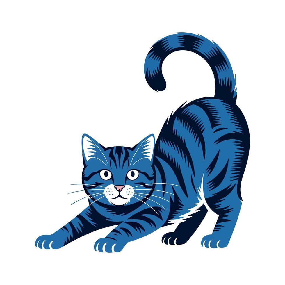 Playful Blue Cat Stretching with a Majestic Tail stylized illustration blue cat stretching showcasing its expressive features cat blue cat illustration animal pet vector