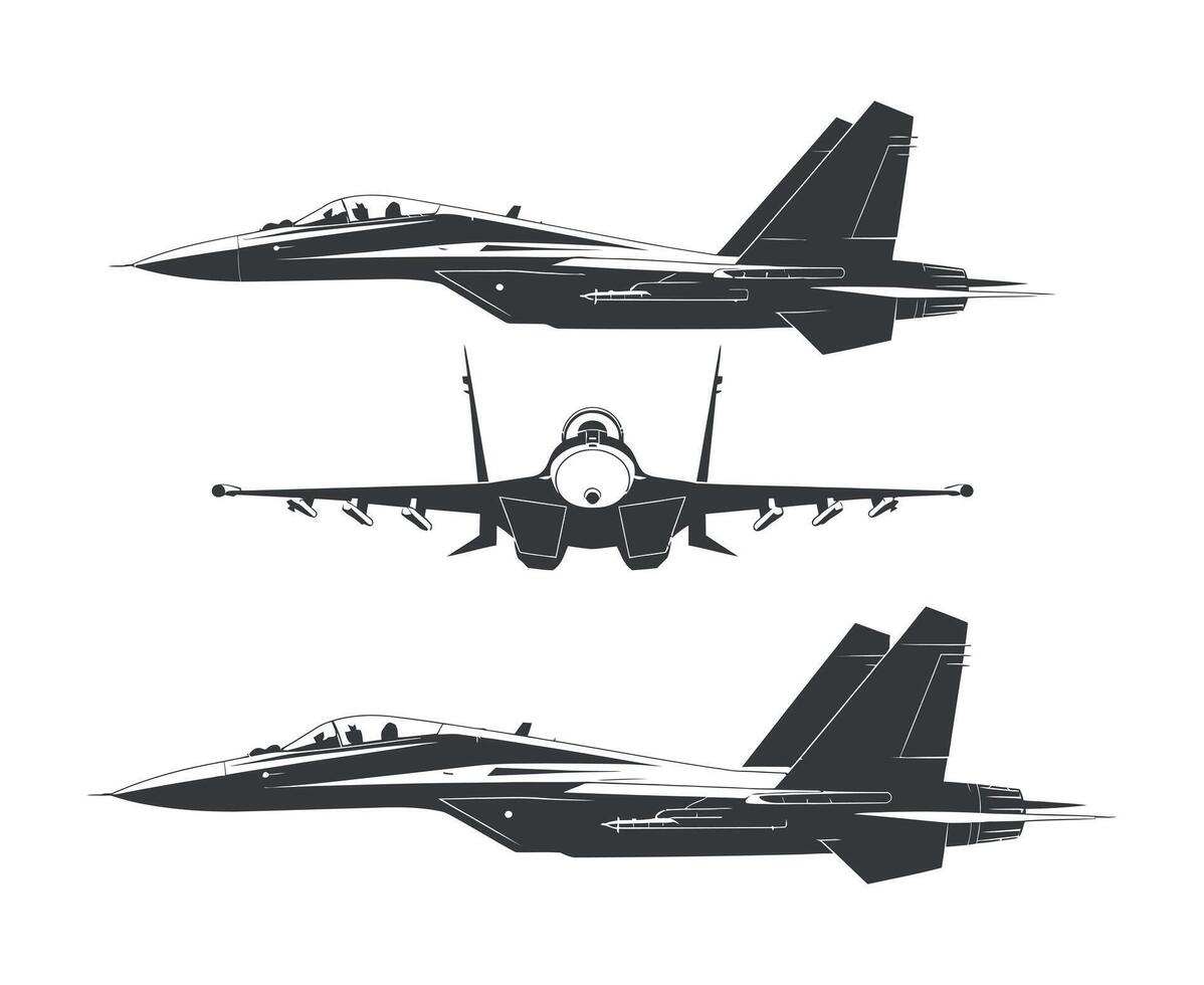 Three views of a military jet fighter aircraft in black and white silhouette style illustration three different perspectives airplane aviation graphic vector
