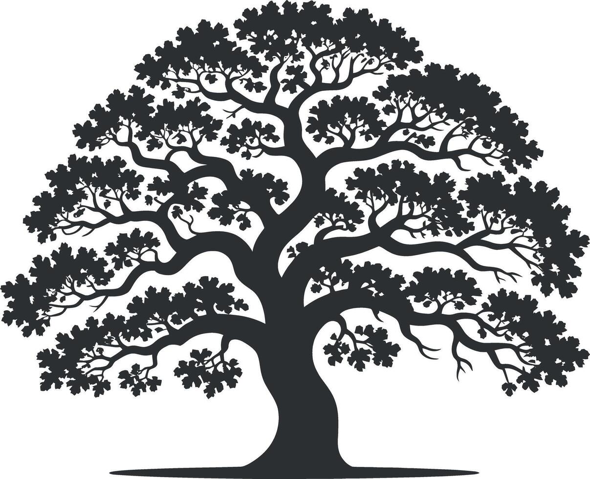 Silhouette of a Majestic Oak Tree with Lush Canopy detailed black silhouette large oak tree against white background oak tree tree silhouette nature vector