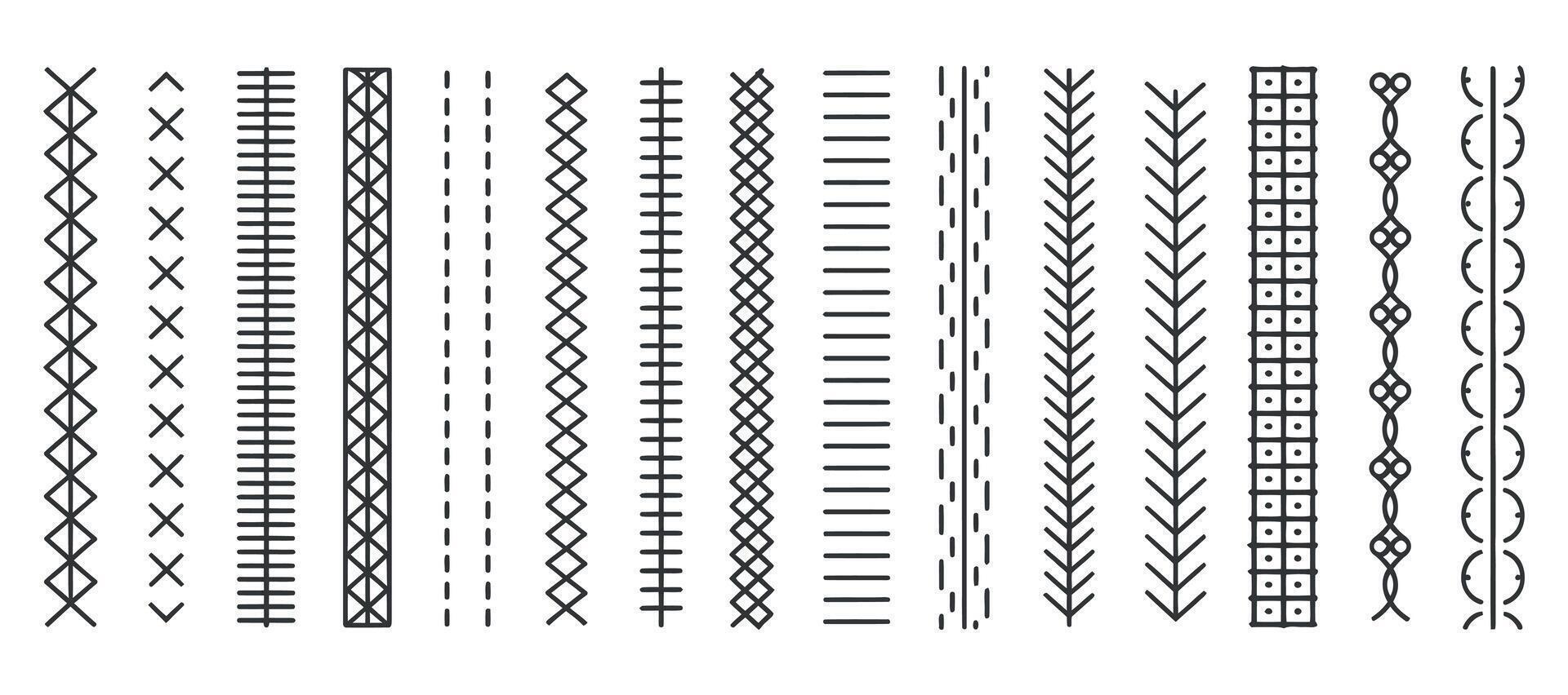 Collection of decorative sewing machine stitch patterns for design elements vector