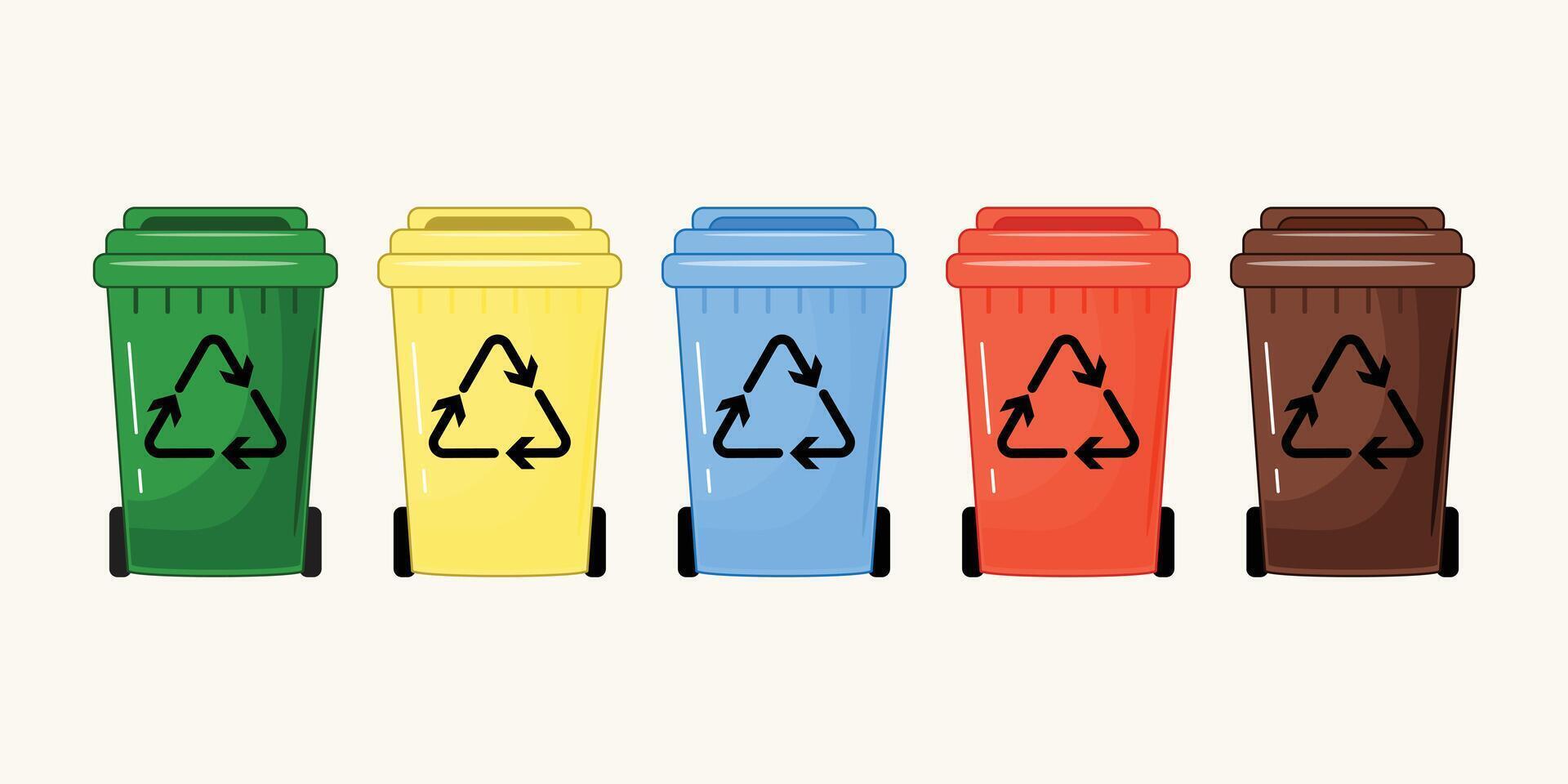 Colorful recycle containers row, garbage bins for paper, glass, plastic, metal, organic, eco waste management vector