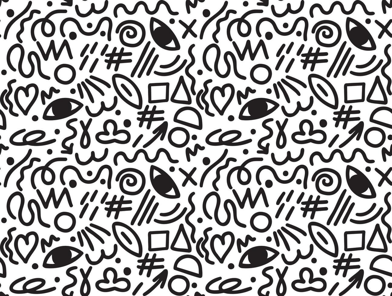 Black and white geometric doodle seamless pattern, squiggles, eyes, hearts, playful retro Memphis style vector