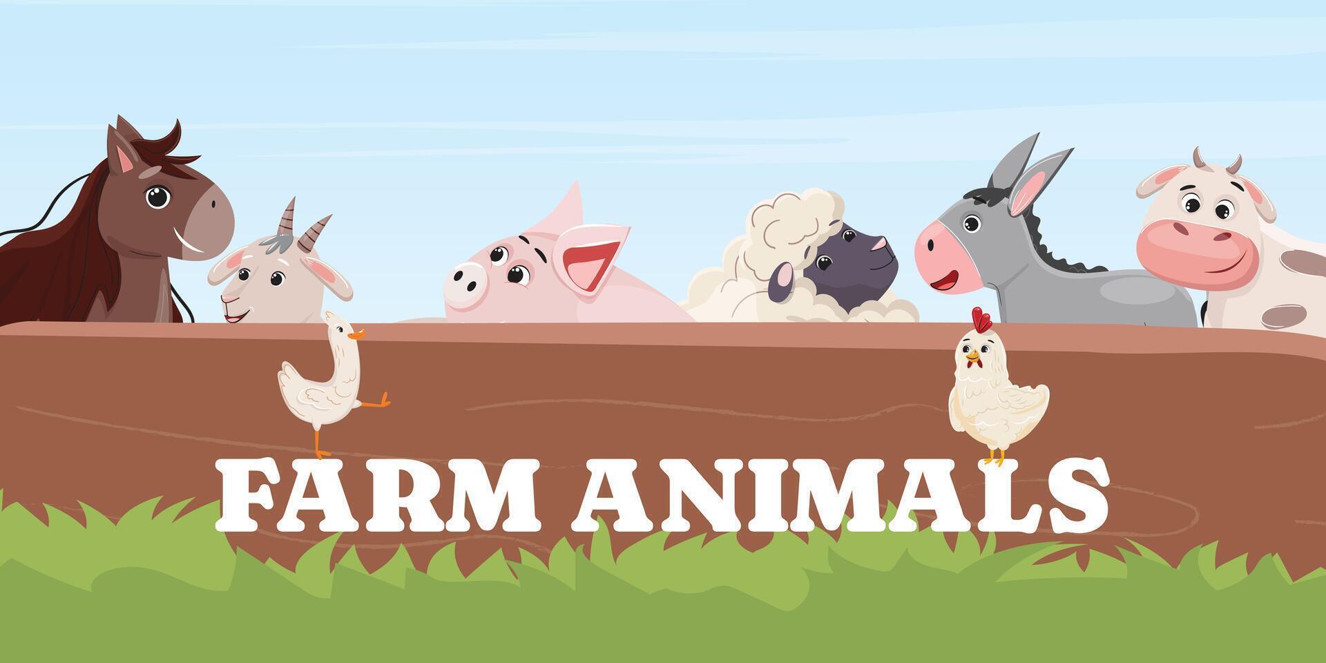 Funny farm animals group, smiling horse, goat, pig, sheep, donkey, cow, duck, chicken vector
