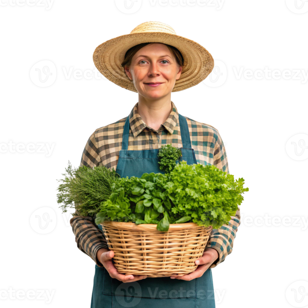 Happy female farmer holding basket of fresh herbs png